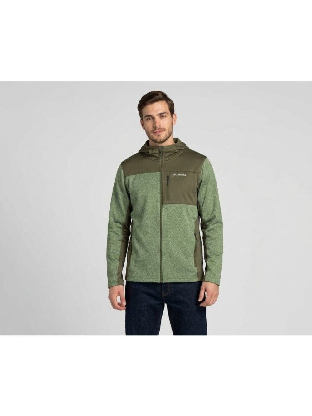 Columbia Mens Green Full-Zip Hooded Jacket Large Two-Tone Design Polyester